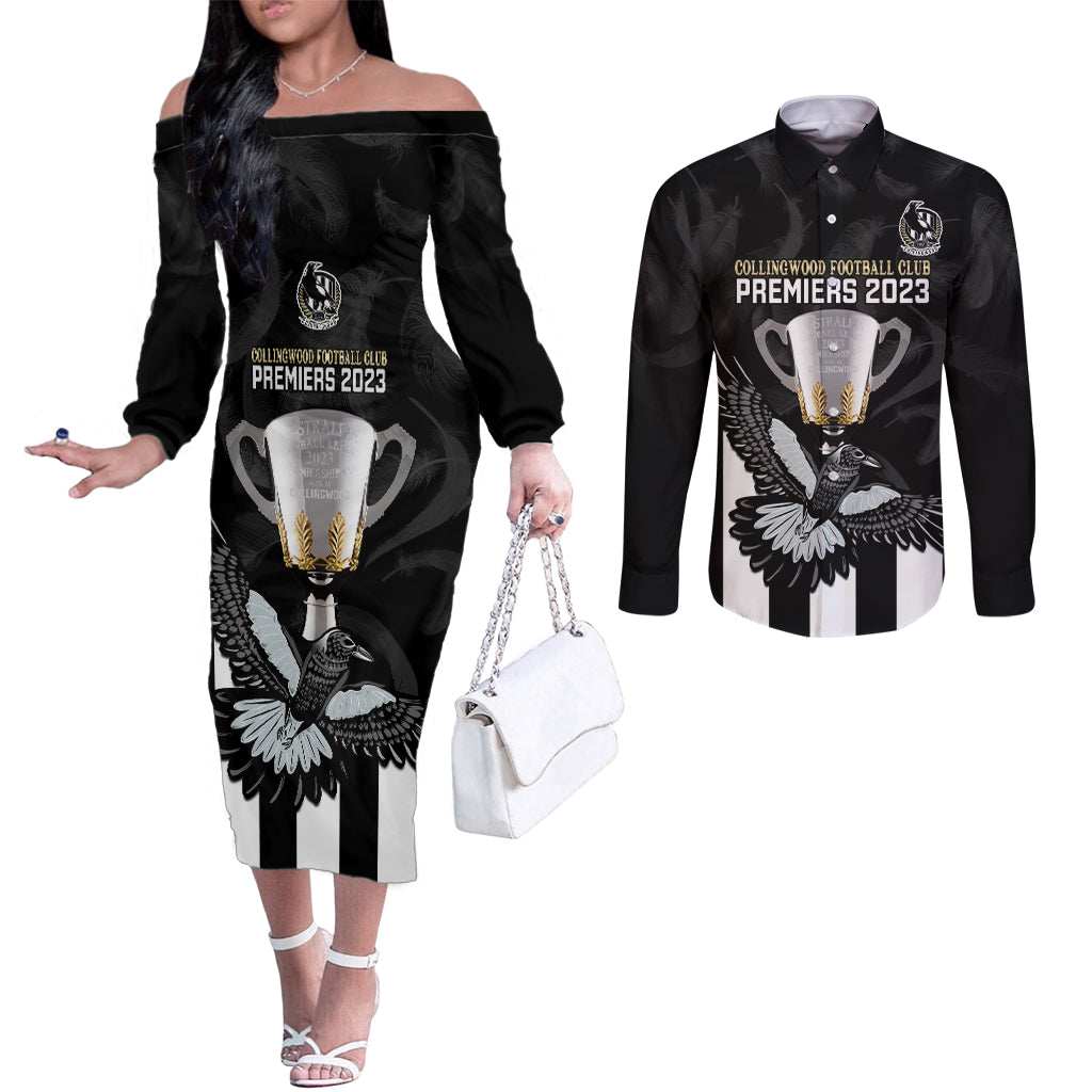 afl-collingwood-couples-matching-off-the-shoulder-long-sleeve-dress-and-long-sleeve-button-shirts-magpies-premiers-2023-with-trophy-proud