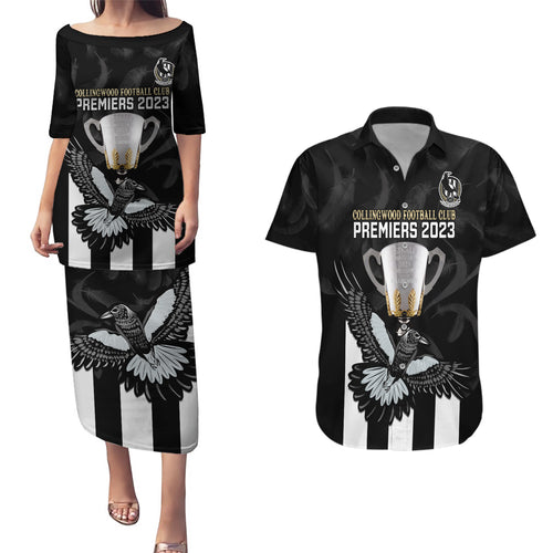 afl-collingwood-couples-matching-puletasi-dress-and-hawaiian-shirt-magpies-premiers-2023-with-trophy-proud