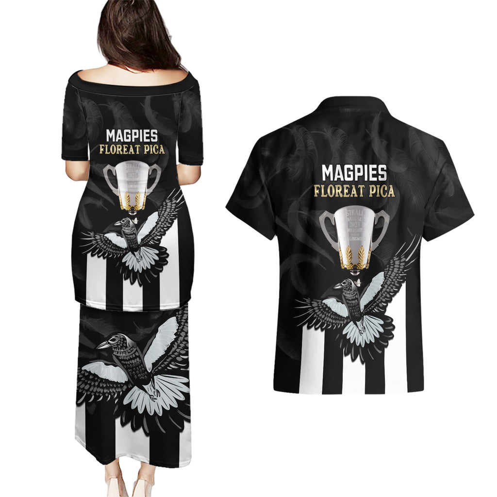 afl-collingwood-couples-matching-puletasi-dress-and-hawaiian-shirt-magpies-premiers-2023-with-trophy-proud