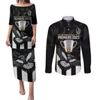 afl-collingwood-couples-matching-puletasi-dress-and-long-sleeve-button-shirts-magpies-premiers-2023-with-trophy-proud