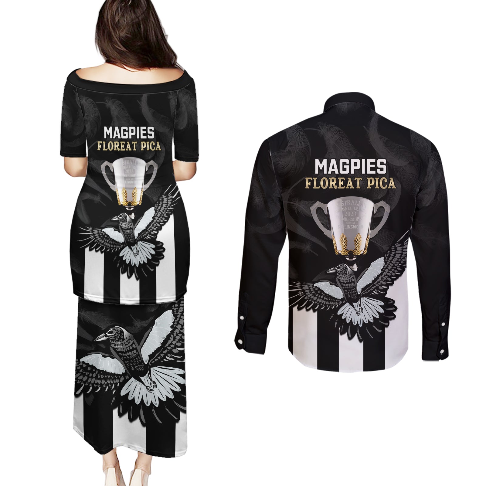 afl-collingwood-couples-matching-puletasi-dress-and-long-sleeve-button-shirts-magpies-premiers-2023-with-trophy-proud