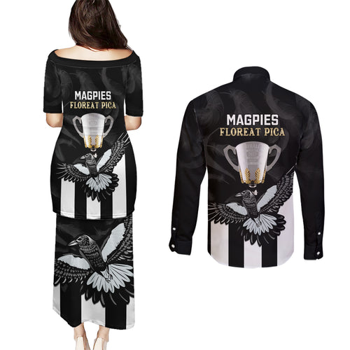 afl-collingwood-couples-matching-puletasi-dress-and-long-sleeve-button-shirts-magpies-premiers-2023-with-trophy-proud