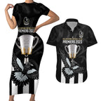 afl-collingwood-couples-matching-short-sleeve-bodycon-dress-and-hawaiian-shirt-magpies-premiers-2023-with-trophy-proud