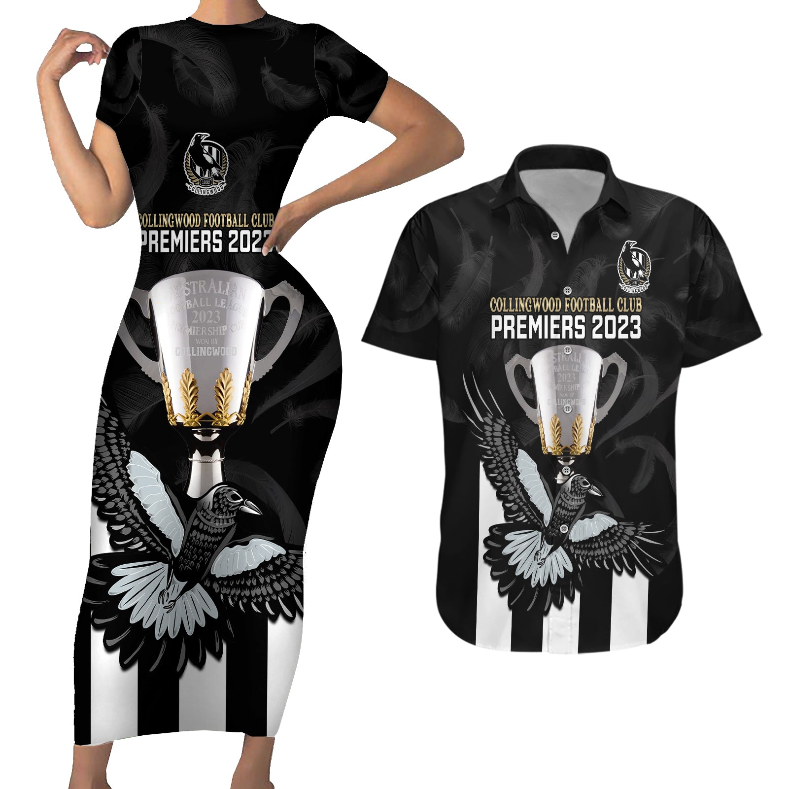 afl-collingwood-couples-matching-short-sleeve-bodycon-dress-and-hawaiian-shirt-magpies-premiers-2023-with-trophy-proud