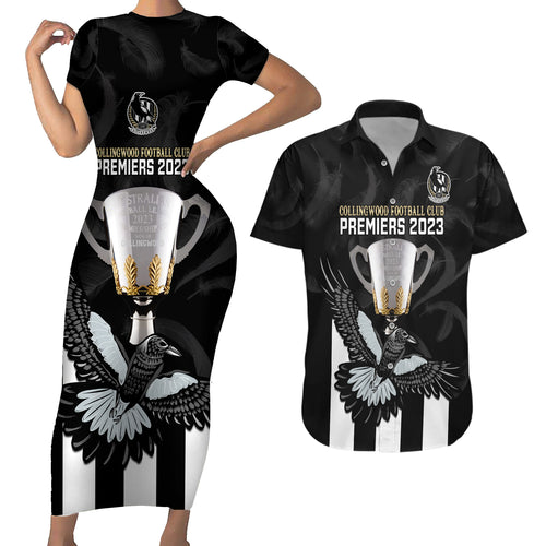 afl-collingwood-couples-matching-short-sleeve-bodycon-dress-and-hawaiian-shirt-magpies-premiers-2023-with-trophy-proud