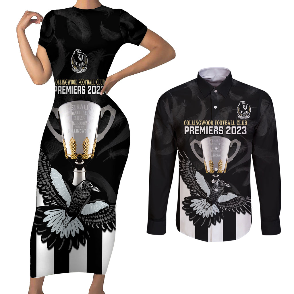 afl-collingwood-couples-matching-short-sleeve-bodycon-dress-and-long-sleeve-button-shirts-magpies-premiers-2023-with-trophy-proud