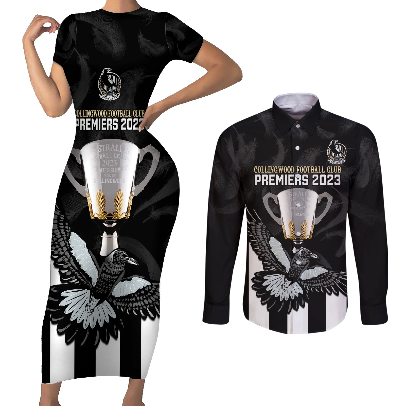 afl-collingwood-couples-matching-short-sleeve-bodycon-dress-and-long-sleeve-button-shirts-magpies-premiers-2023-with-trophy-proud