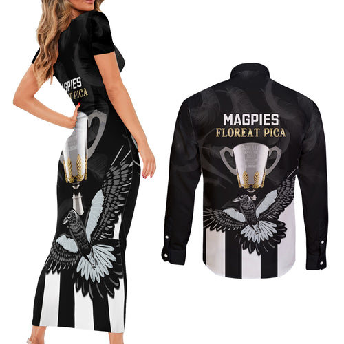 afl-collingwood-couples-matching-short-sleeve-bodycon-dress-and-long-sleeve-button-shirts-magpies-premiers-2023-with-trophy-proud