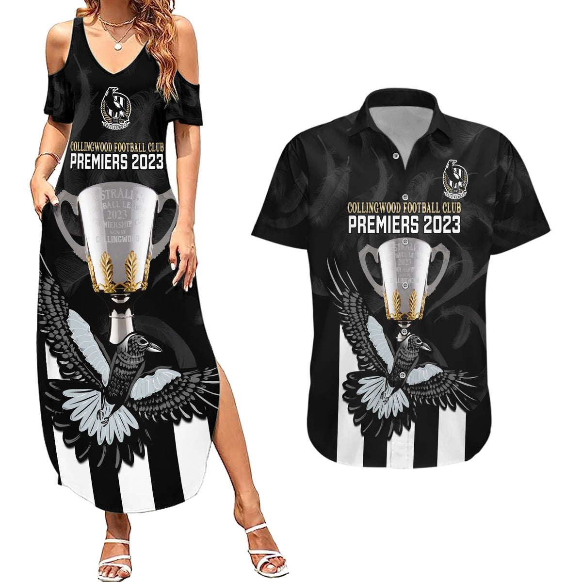 afl-collingwood-couples-matching-summer-maxi-dress-and-hawaiian-shirt-magpies-premiers-2023-with-trophy-proud
