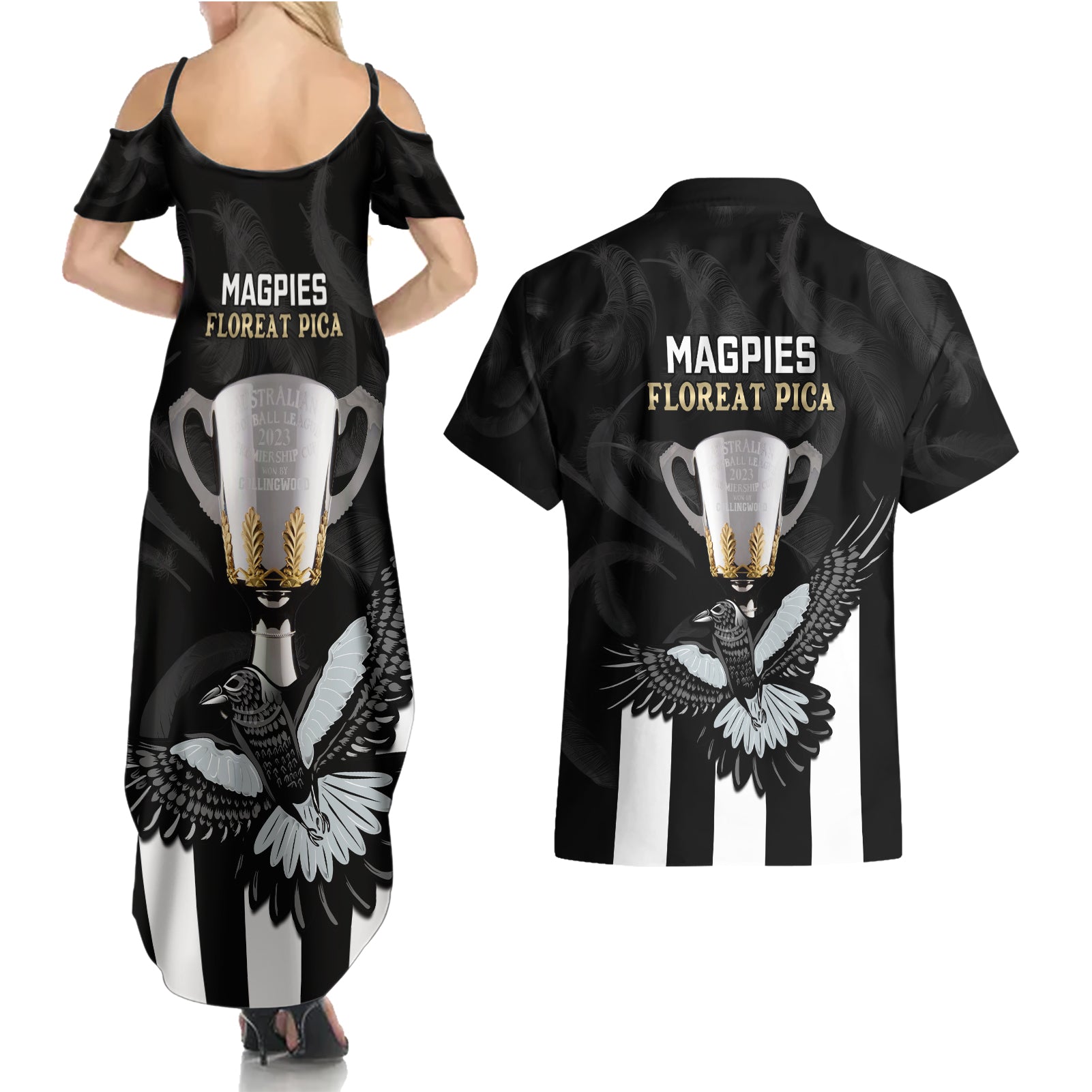 afl-collingwood-couples-matching-summer-maxi-dress-and-hawaiian-shirt-magpies-premiers-2023-with-trophy-proud
