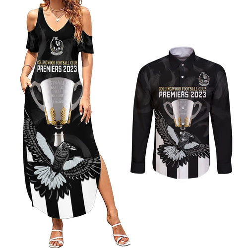 afl-collingwood-couples-matching-summer-maxi-dress-and-long-sleeve-button-shirts-magpies-premiers-2023-with-trophy-proud