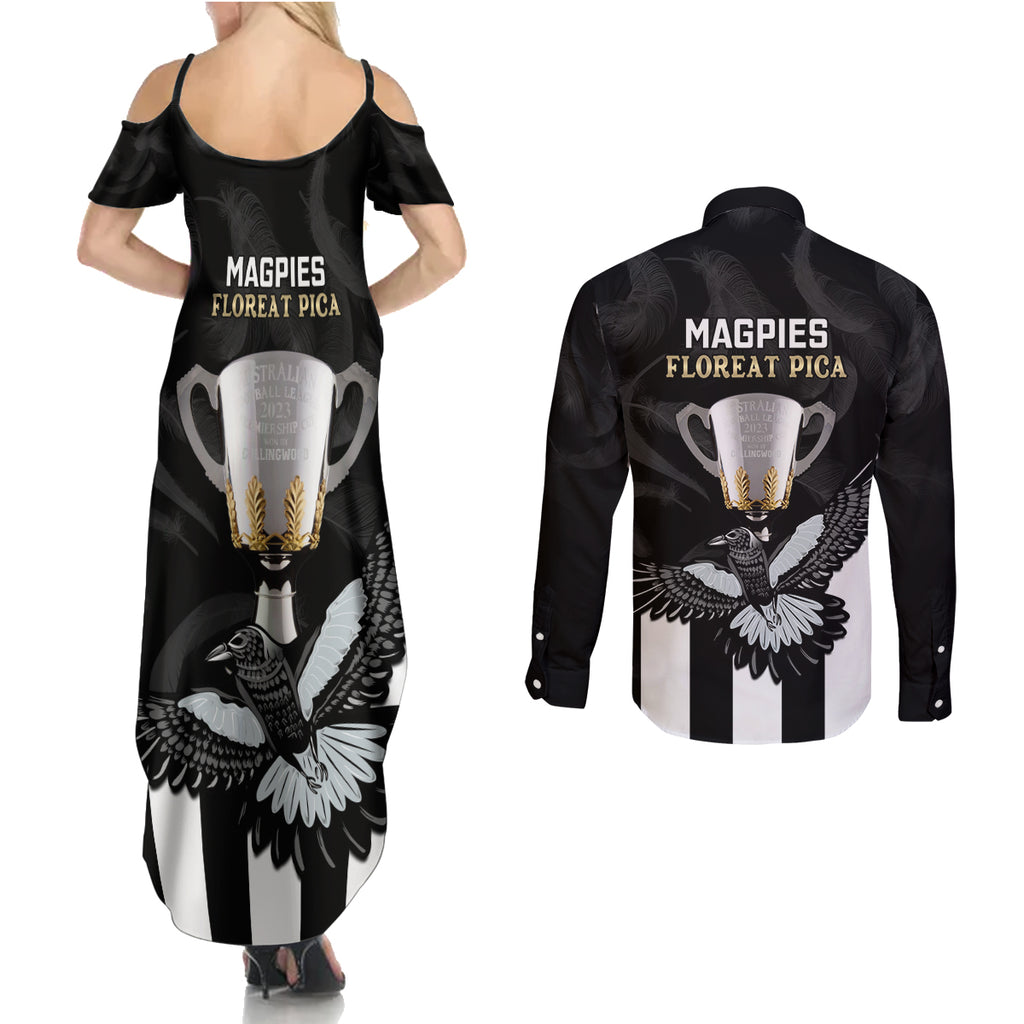 afl-collingwood-couples-matching-summer-maxi-dress-and-long-sleeve-button-shirts-magpies-premiers-2023-with-trophy-proud