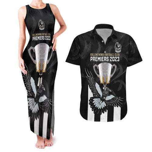 afl-collingwood-couples-matching-tank-maxi-dress-and-hawaiian-shirt-magpies-premiers-2023-with-trophy-proud