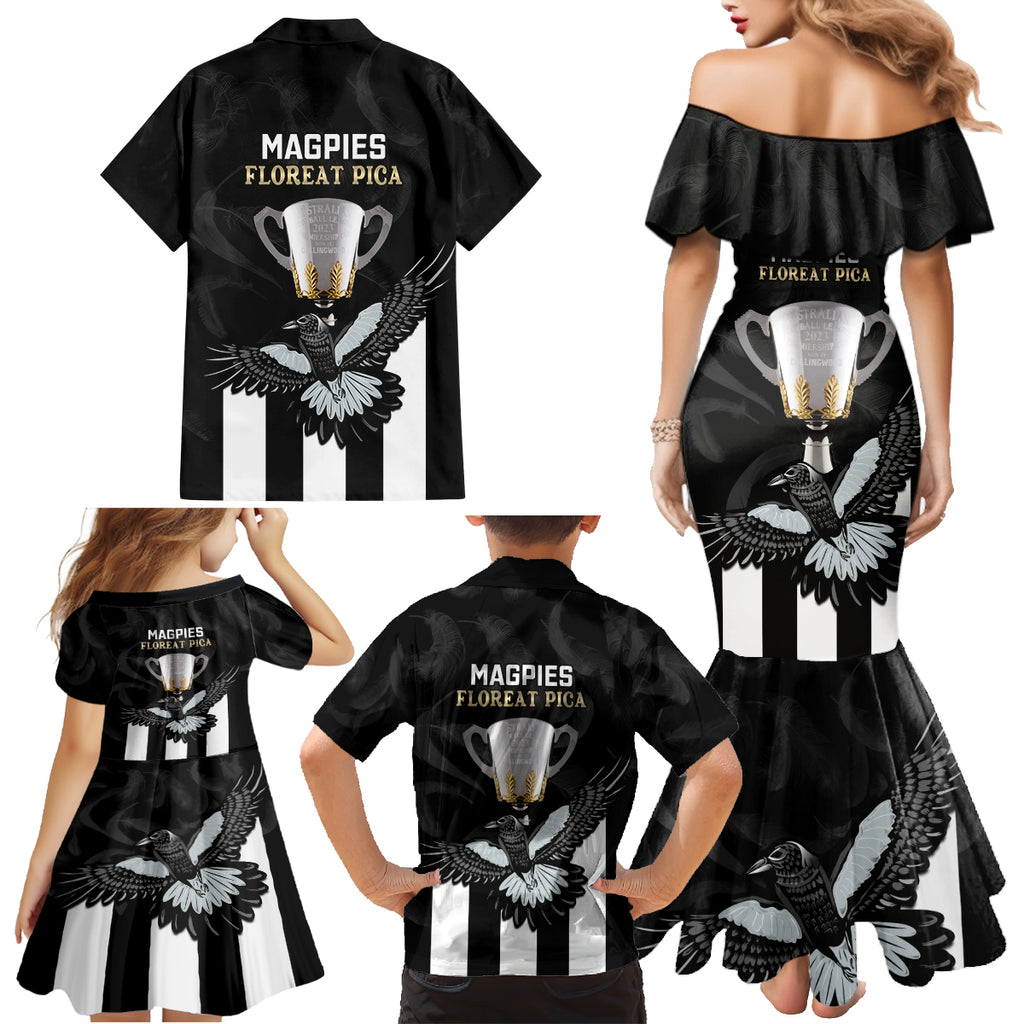 afl-collingwood-family-matching-mermaid-dress-and-hawaiian-shirt-magpies-premiers-2023-with-trophy-proud