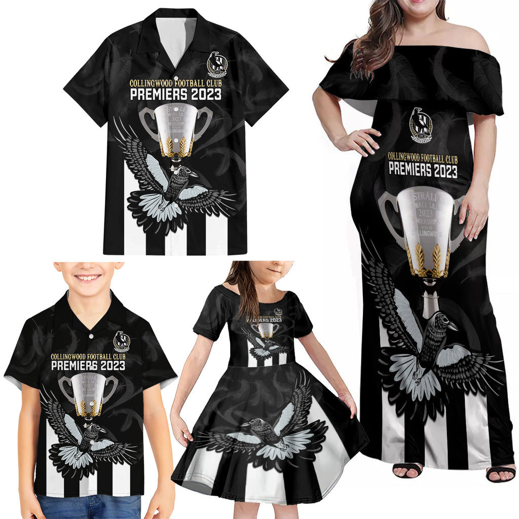 afl-collingwood-family-matching-off-shoulder-maxi-dress-and-hawaiian-shirt-magpies-premiers-2023-with-trophy-proud