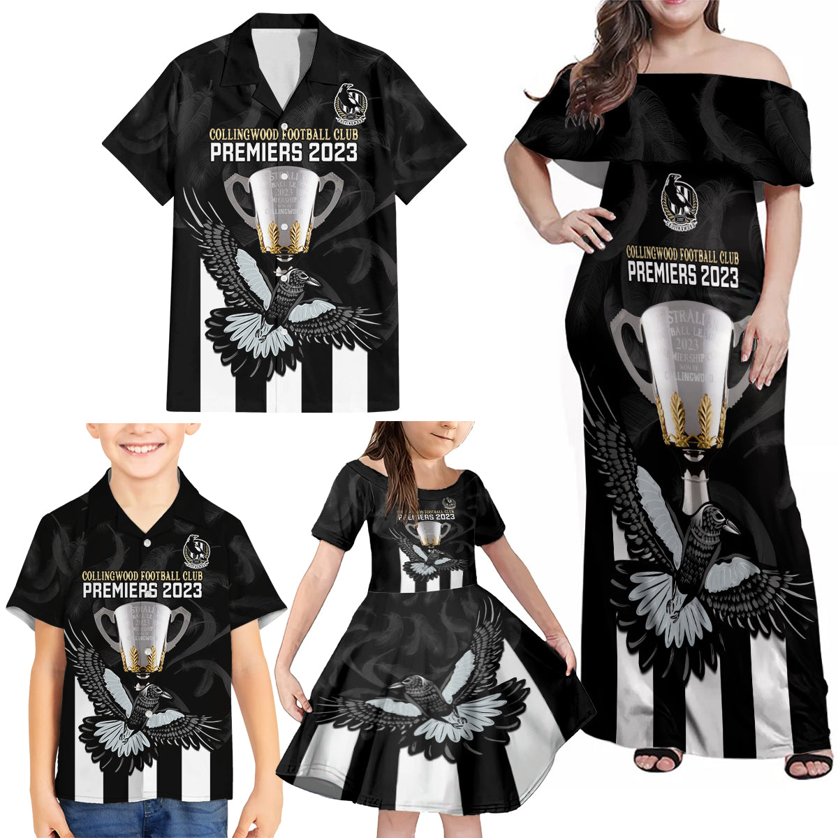 afl-collingwood-family-matching-off-shoulder-maxi-dress-and-hawaiian-shirt-magpies-premiers-2023-with-trophy-proud