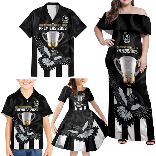 afl-collingwood-family-matching-off-shoulder-maxi-dress-and-hawaiian-shirt-magpies-premiers-2023-with-trophy-proud