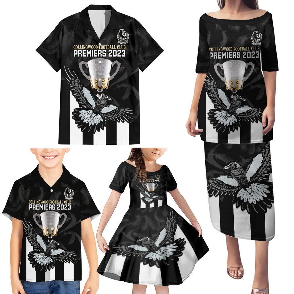 afl-collingwood-family-matching-puletasi-dress-and-hawaiian-shirt-magpies-premiers-2023-with-trophy-proud