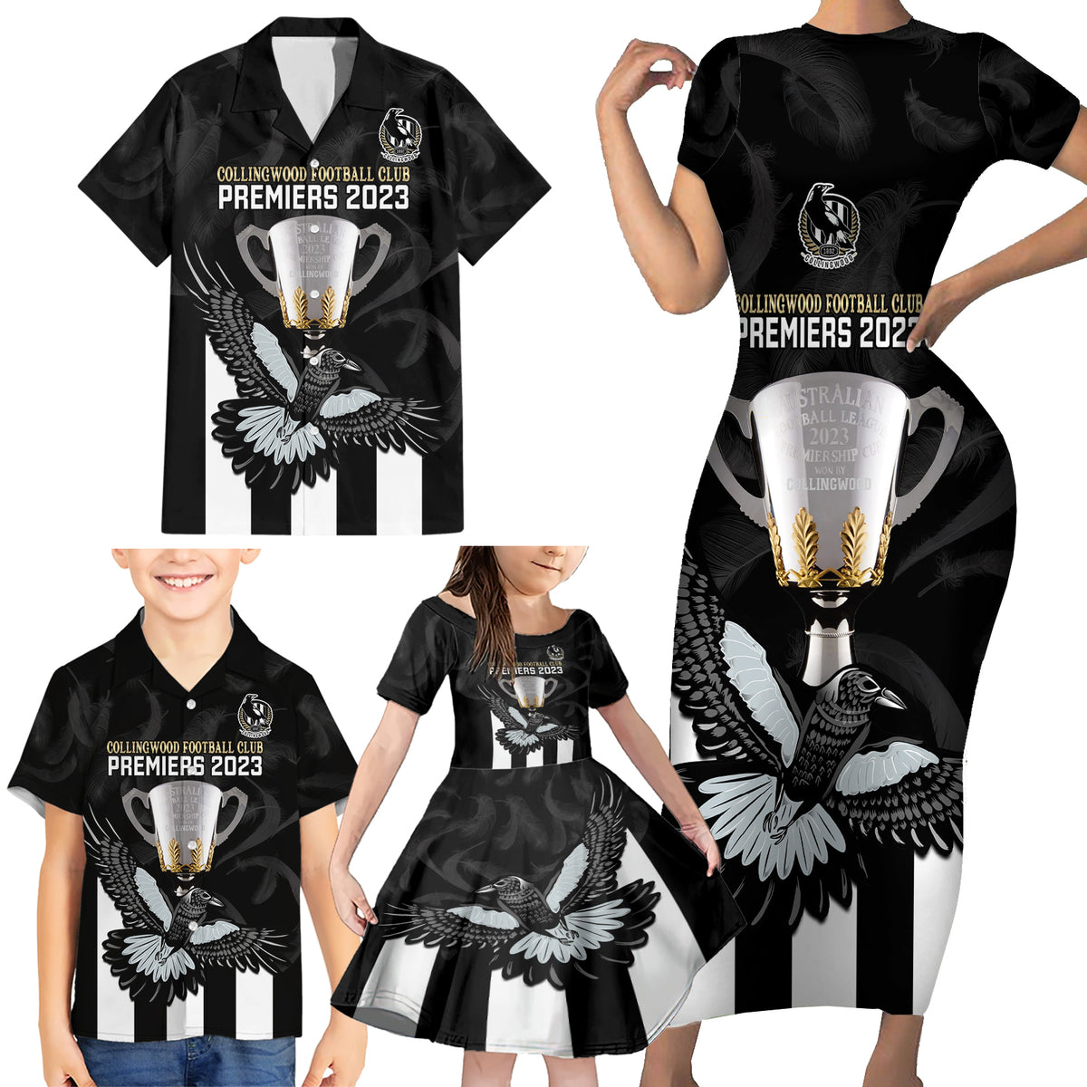 afl-collingwood-family-matching-short-sleeve-bodycon-dress-and-hawaiian-shirt-magpies-premiers-2023-with-trophy-proud
