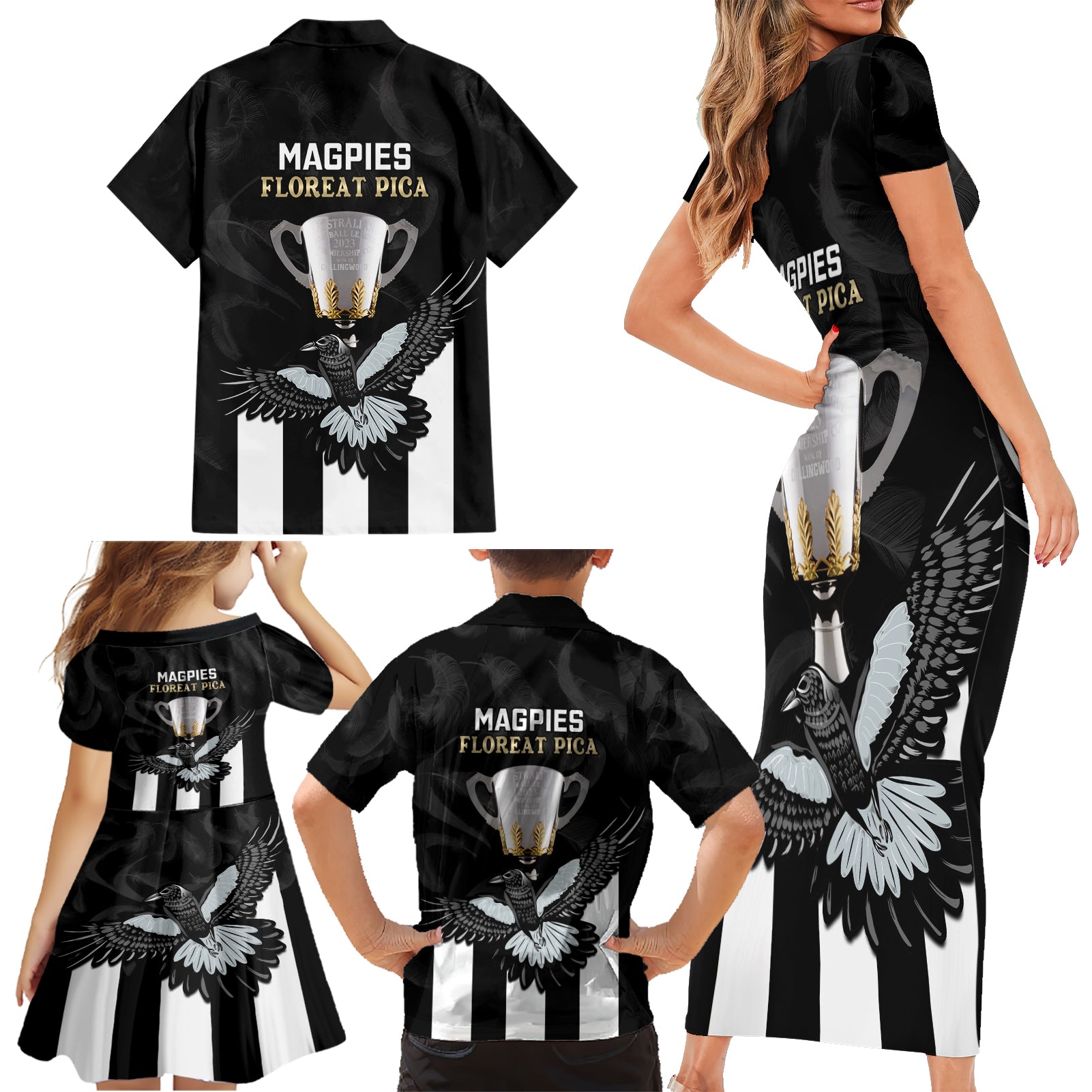 afl-collingwood-family-matching-short-sleeve-bodycon-dress-and-hawaiian-shirt-magpies-premiers-2023-with-trophy-proud