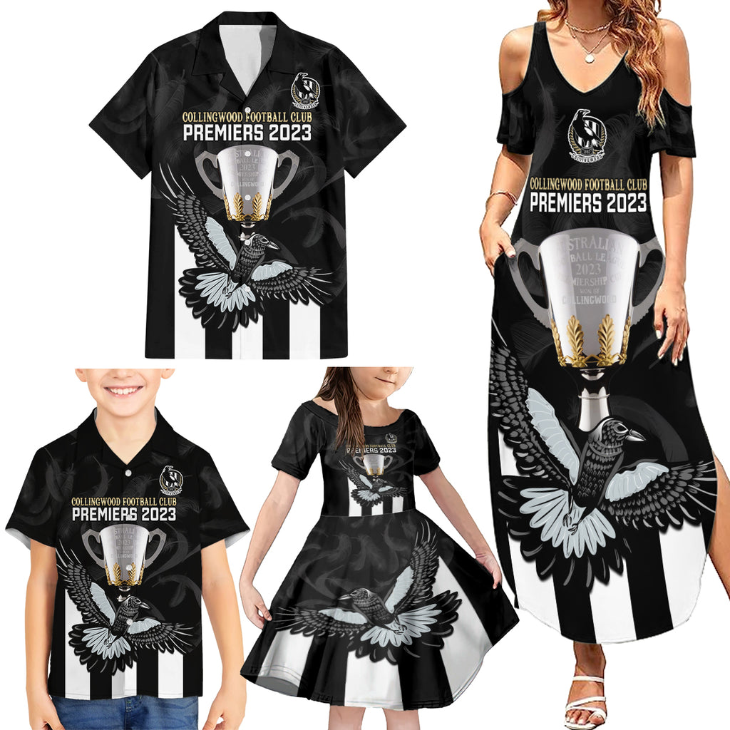 afl-collingwood-family-matching-summer-maxi-dress-and-hawaiian-shirt-magpies-premiers-2023-with-trophy-proud