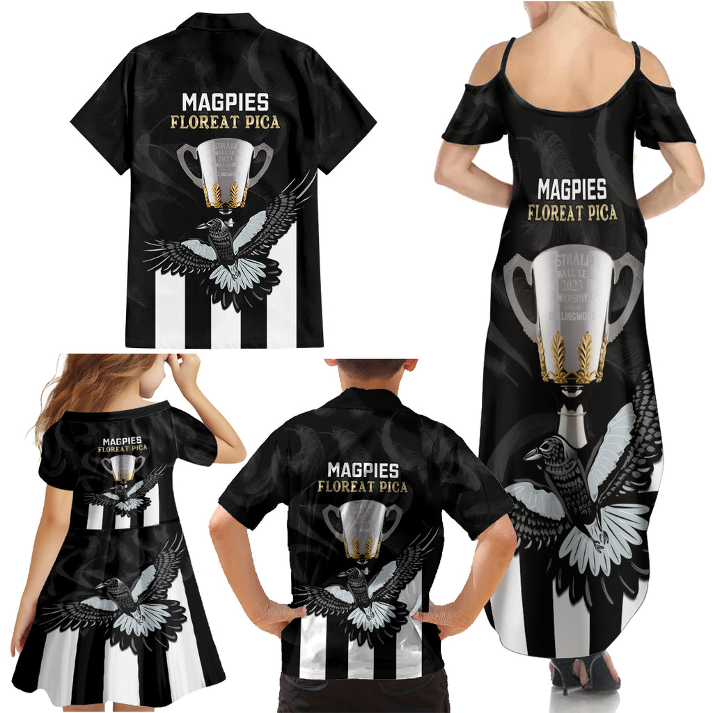 afl-collingwood-family-matching-summer-maxi-dress-and-hawaiian-shirt-magpies-premiers-2023-with-trophy-proud