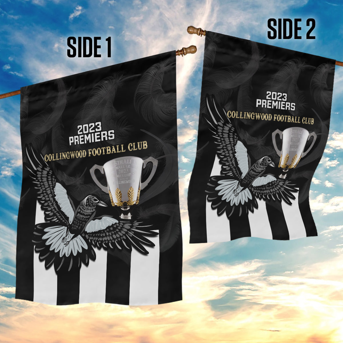 afl-collingwood-garden-flag-magpies-premiers-2023-with-trophy-proud