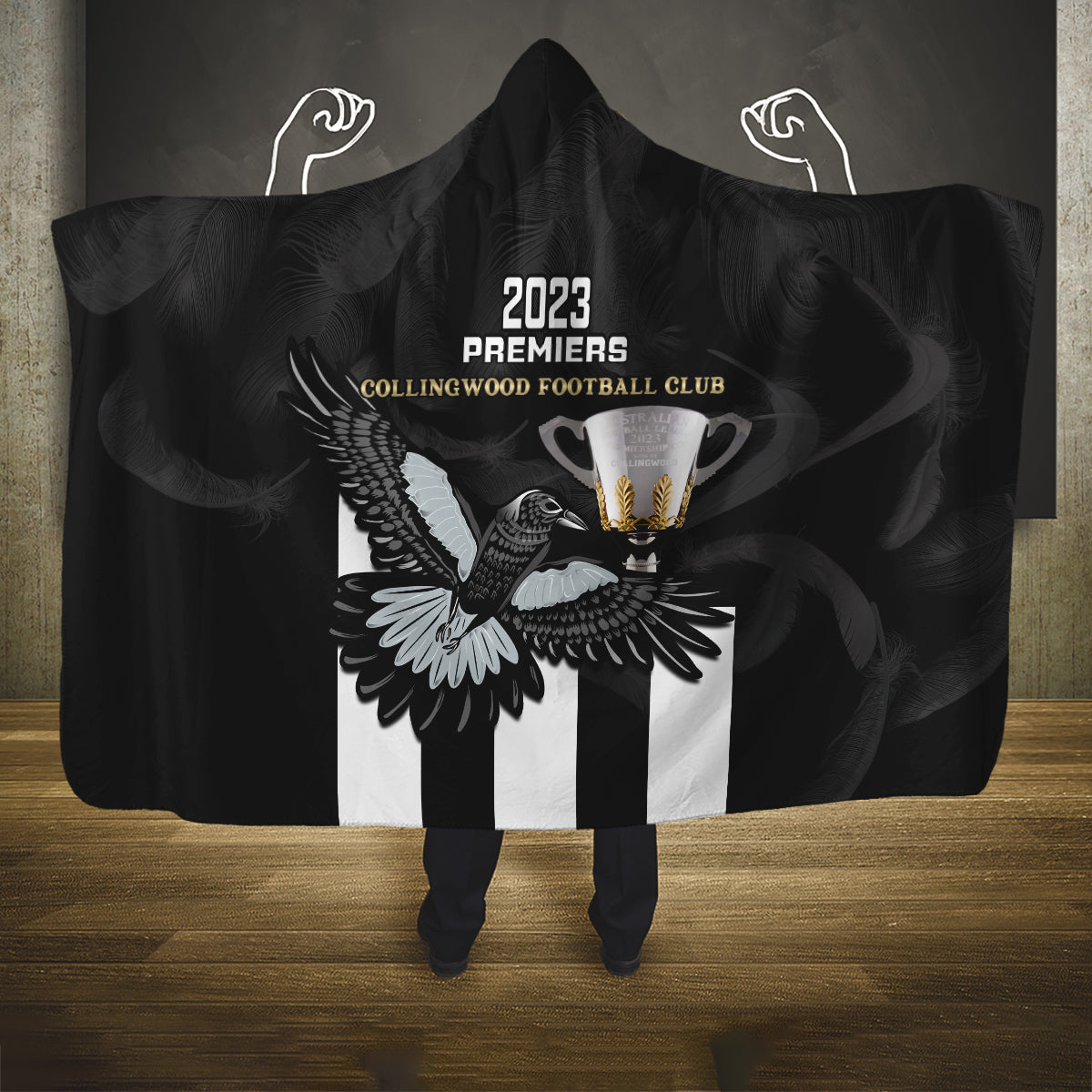 afl-collingwood-hooded-blanket-magpies-premiers-2023-with-trophy-proud