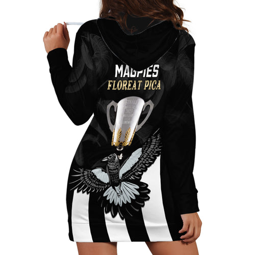 afl-collingwood-hoodie-dress-magpies-premiers-2023-with-trophy-proud