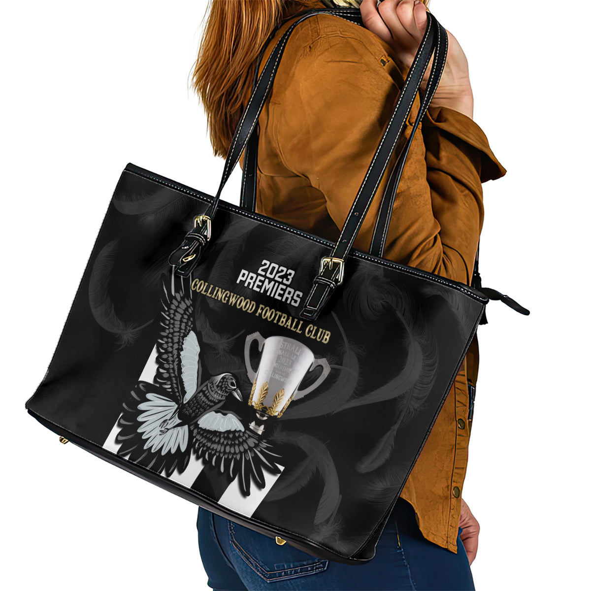 afl-collingwood-leather-tote-bag-magpies-premiers-2023-with-trophy-proud