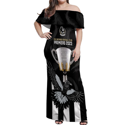 afl-collingwood-off-shoulder-maxi-dress-magpies-premiers-2023-with-trophy-proud