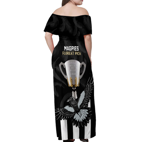 afl-collingwood-off-shoulder-maxi-dress-magpies-premiers-2023-with-trophy-proud