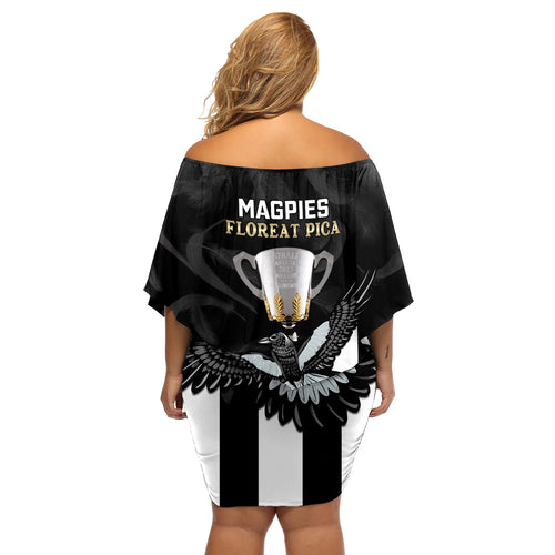 afl-collingwood-off-shoulder-short-dress-magpies-premiers-2023-with-trophy-proud