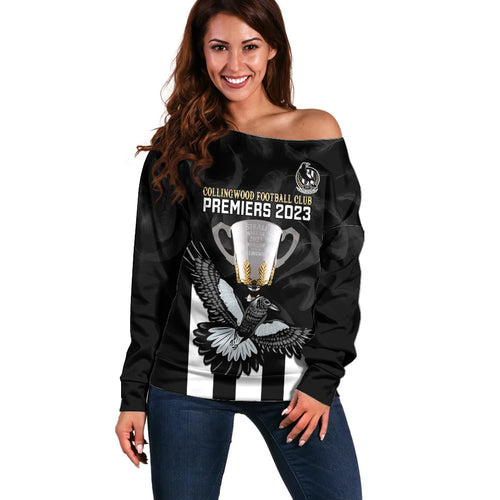 afl-collingwood-off-shoulder-sweater-magpies-premiers-2023-with-trophy-proud