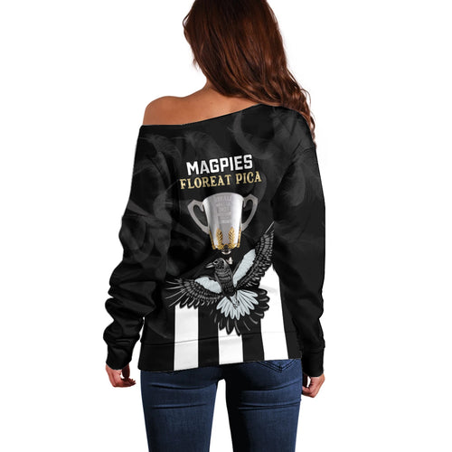 afl-collingwood-off-shoulder-sweater-magpies-premiers-2023-with-trophy-proud