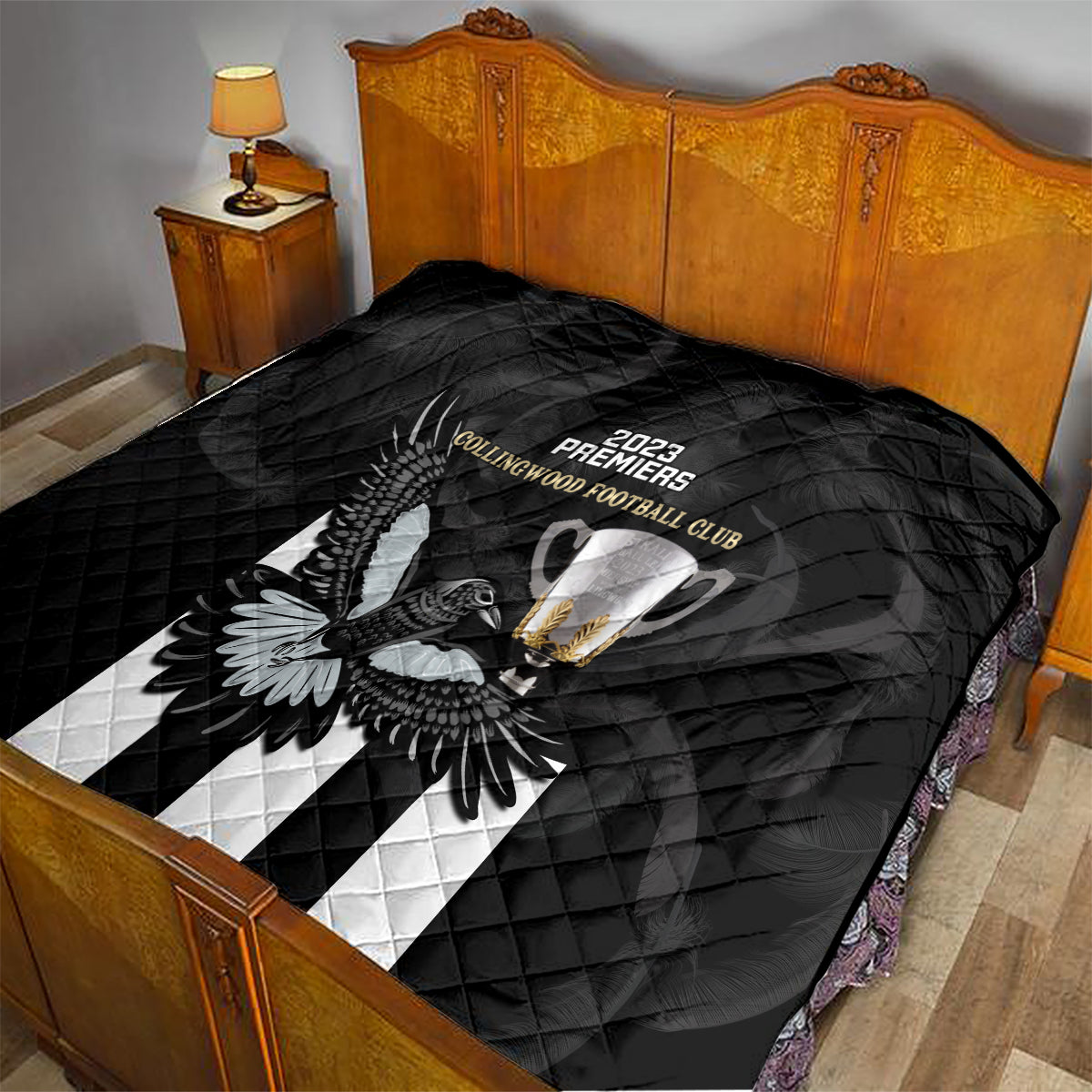 afl-collingwood-quilt-magpies-premiers-2023-with-trophy-proud