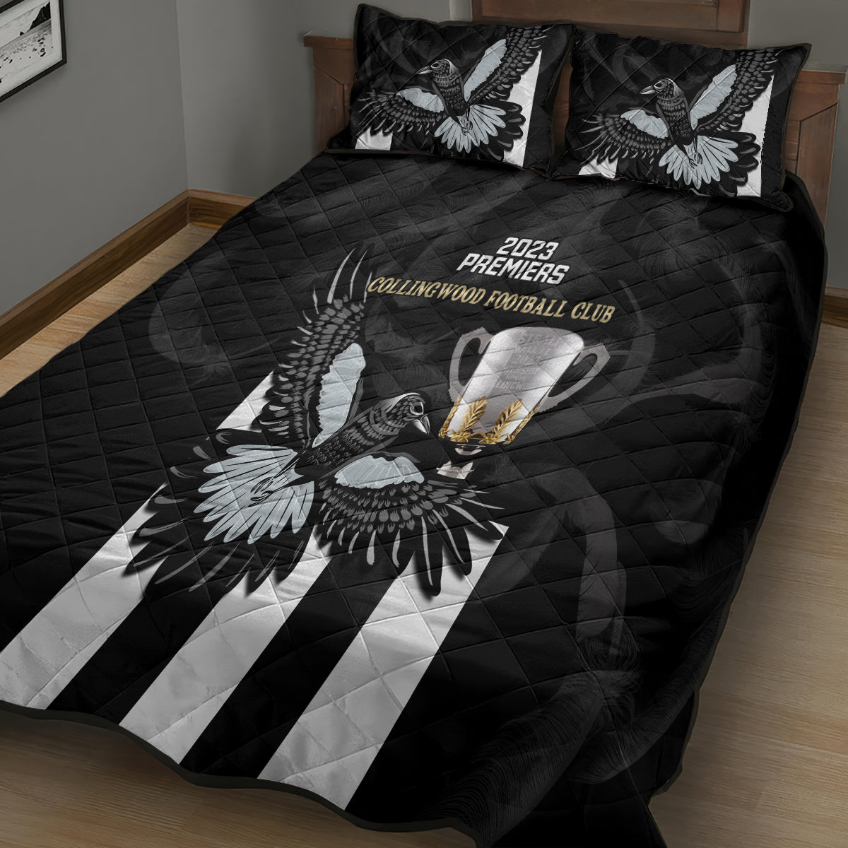 afl-collingwood-quilt-bed-set-magpies-premiers-2023-with-trophy-proud