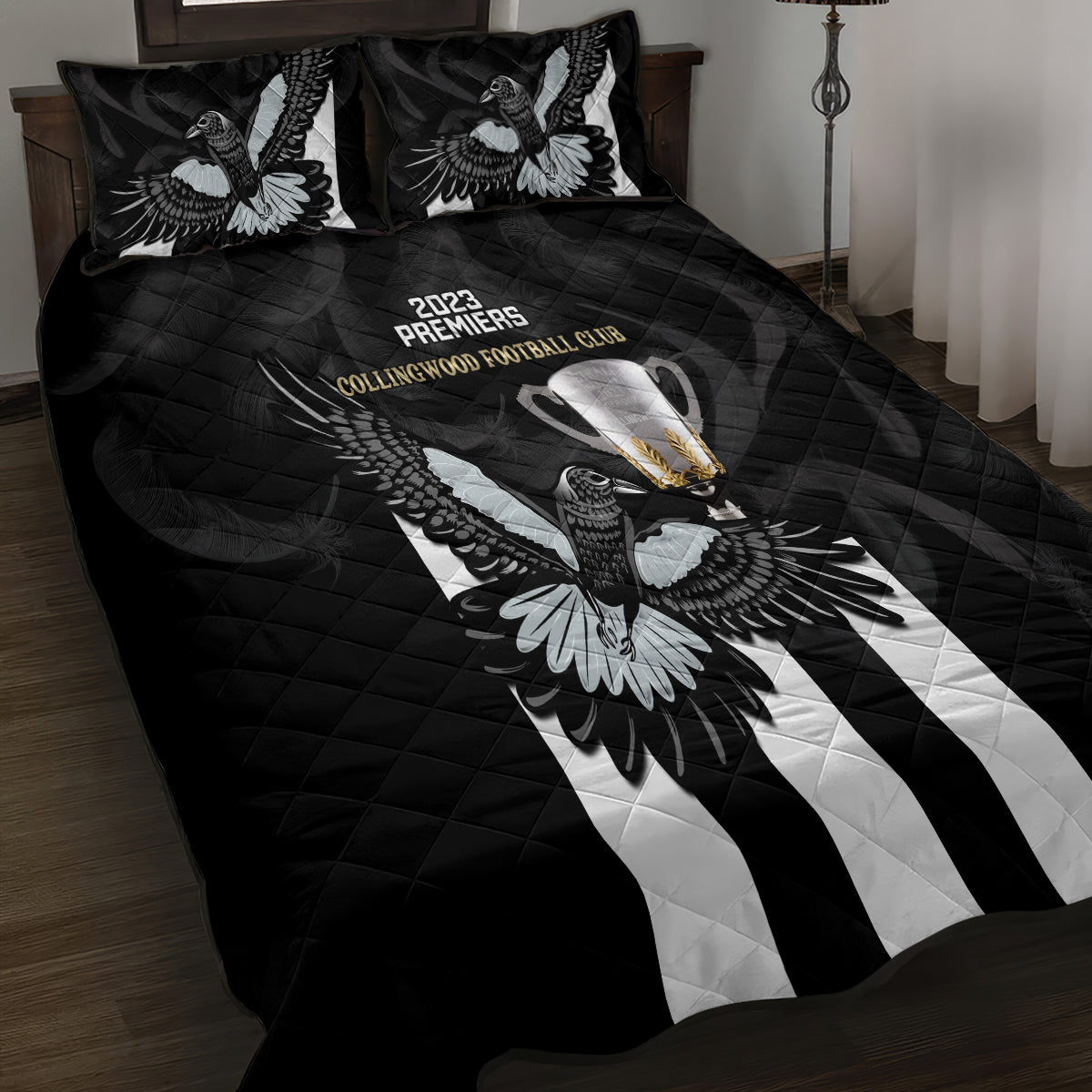 afl-collingwood-quilt-bed-set-magpies-premiers-2023-with-trophy-proud