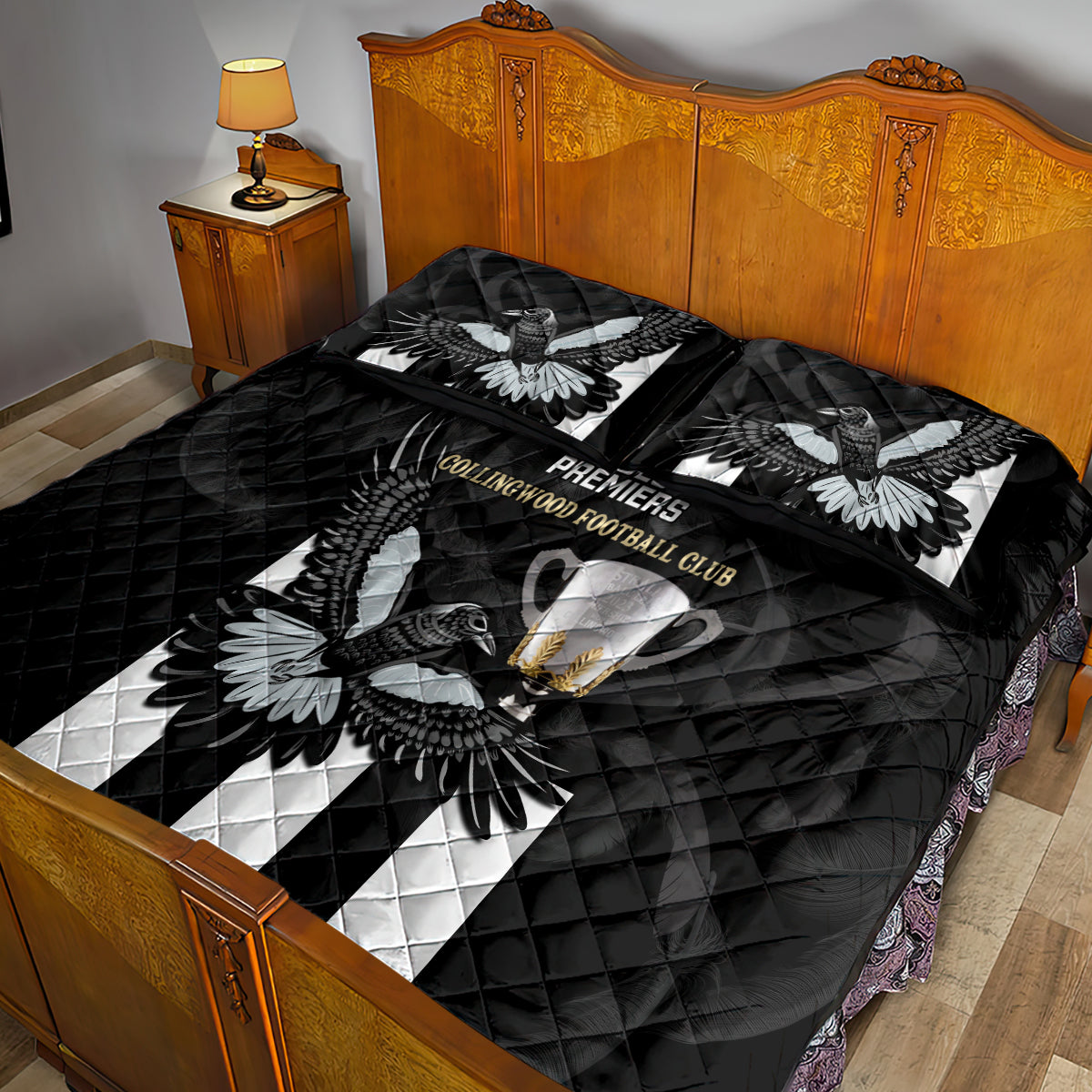 afl-collingwood-quilt-bed-set-magpies-premiers-2023-with-trophy-proud