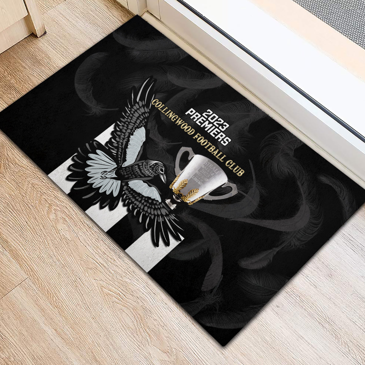 afl-collingwood-rubber-doormat-magpies-premiers-2023-with-trophy-proud