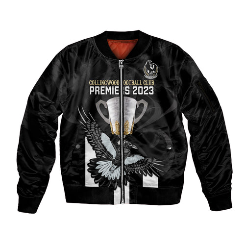 afl-collingwood-sleeve-zip-bomber-jacket-magpies-premiers-2023-with-trophy-proud