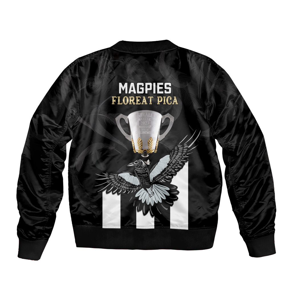 afl-collingwood-sleeve-zip-bomber-jacket-magpies-premiers-2023-with-trophy-proud