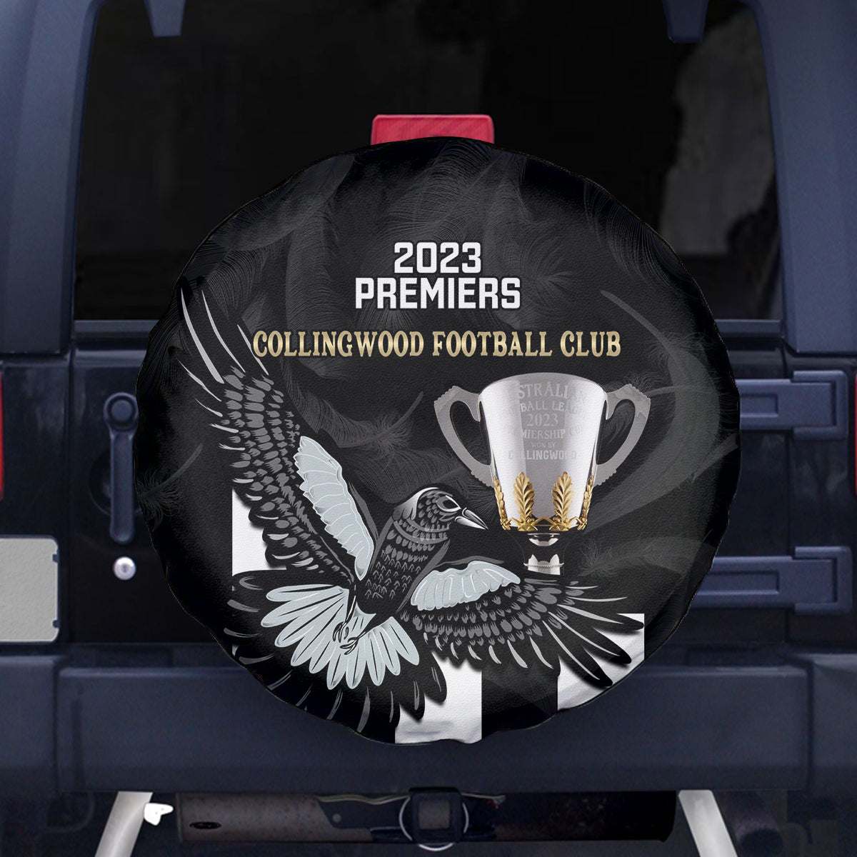 afl-collingwood-spare-tire-cover-magpies-premiers-2023-with-trophy-proud
