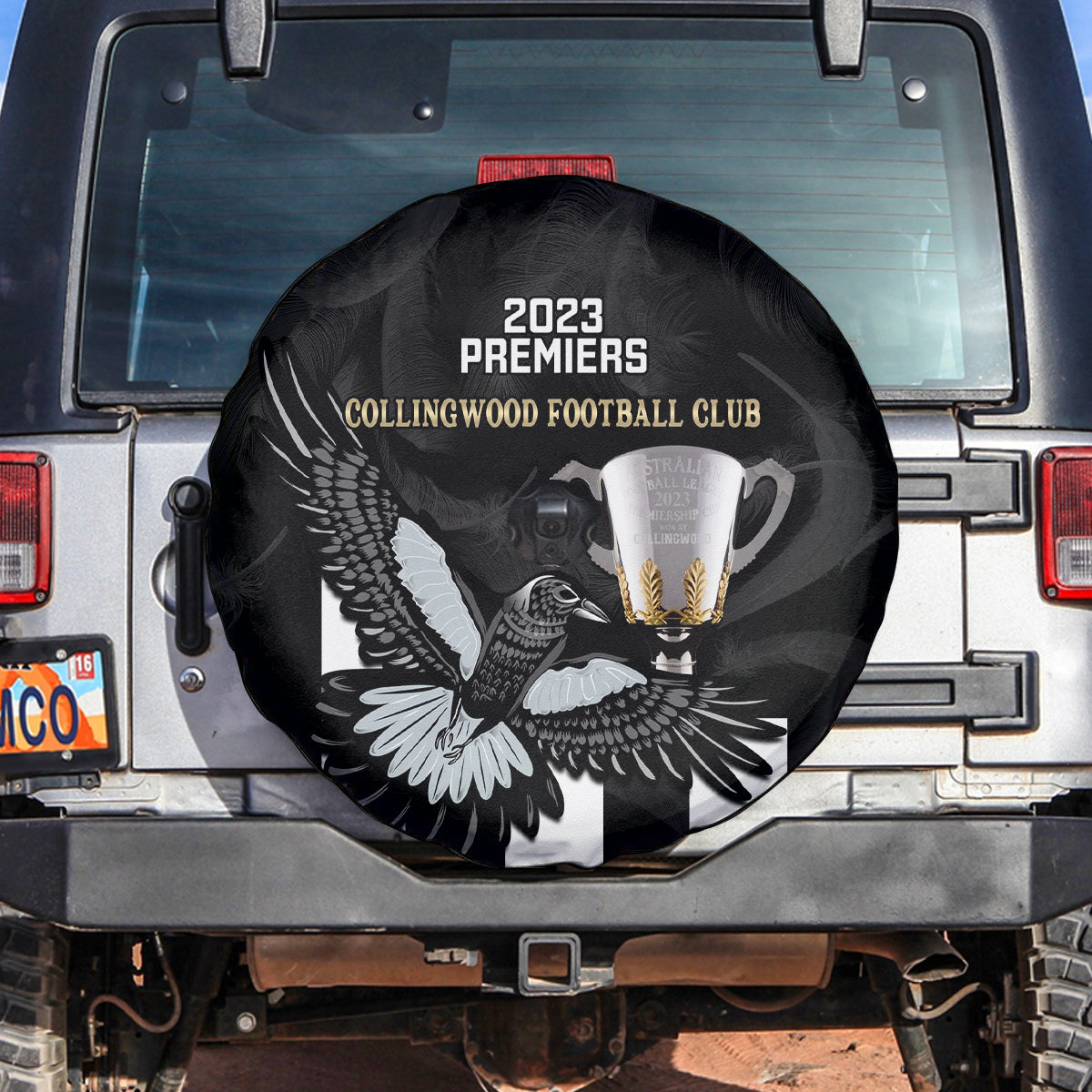 afl-collingwood-spare-tire-cover-magpies-premiers-2023-with-trophy-proud