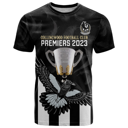 afl-collingwood-t-shirt-magpies-premiers-2023-with-trophy-proud