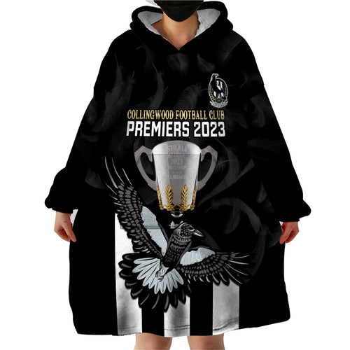 afl-collingwood-wearable-blanket-hoodie-magpies-premiers-2023-with-trophy-proud