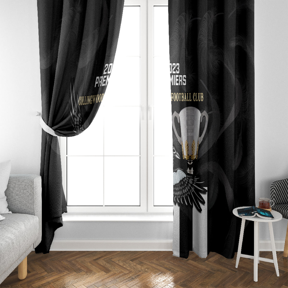 afl-collingwood-window-curtain-magpies-premiers-2023-with-trophy-proud