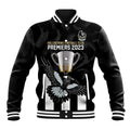 personalised-afl-collingwood-baseball-jacket-magpies-premiers-2023-with-trophy-proud