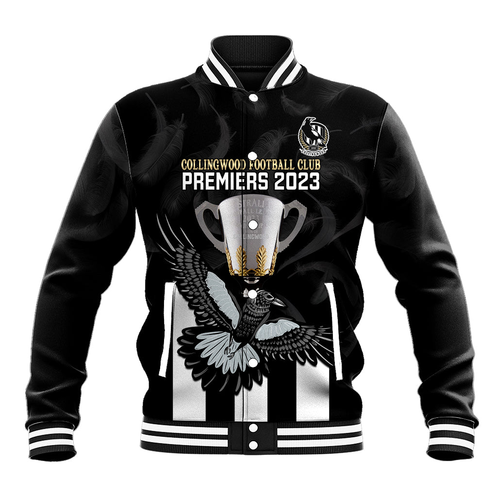 personalised-afl-collingwood-baseball-jacket-magpies-premiers-2023-with-trophy-proud