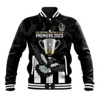 personalised-afl-collingwood-baseball-jacket-magpies-premiers-2023-with-trophy-proud